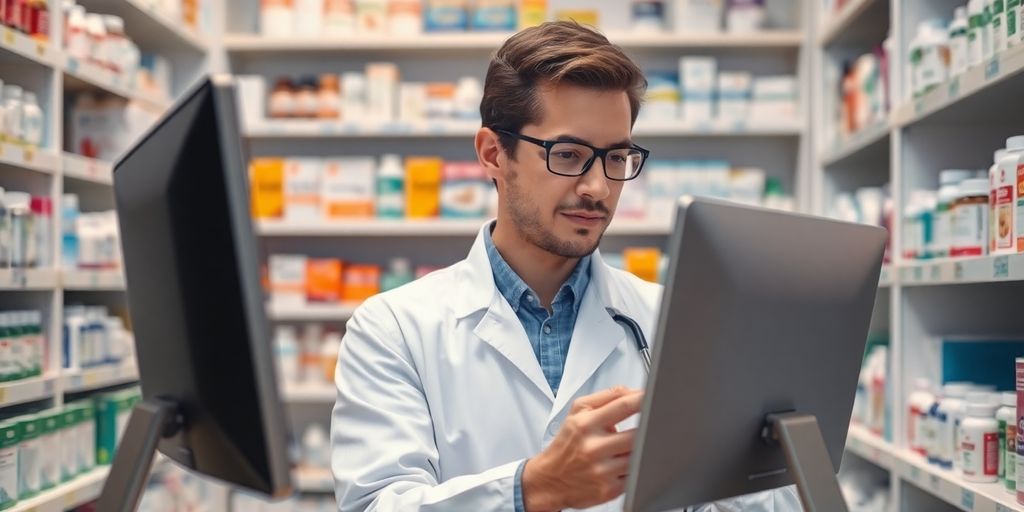 Pharmacist using a computer in a pharmacy setting.