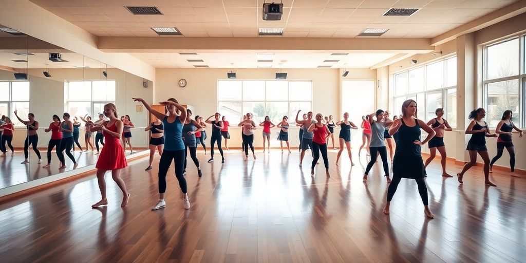 Dancers practicing in a bright dance studio.