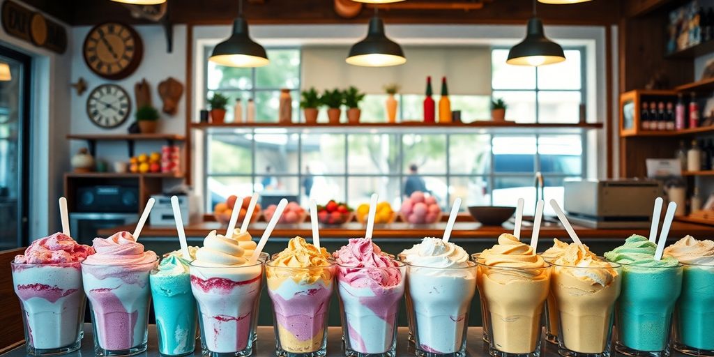 Colorful gelato flavors in a shop's display case.