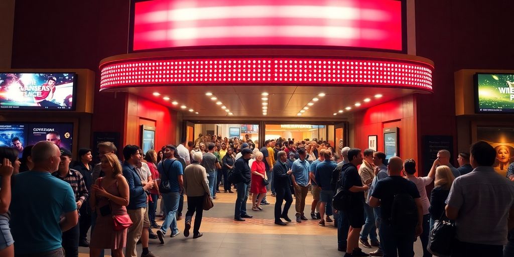 Crowd of moviegoers at a theater entrance.