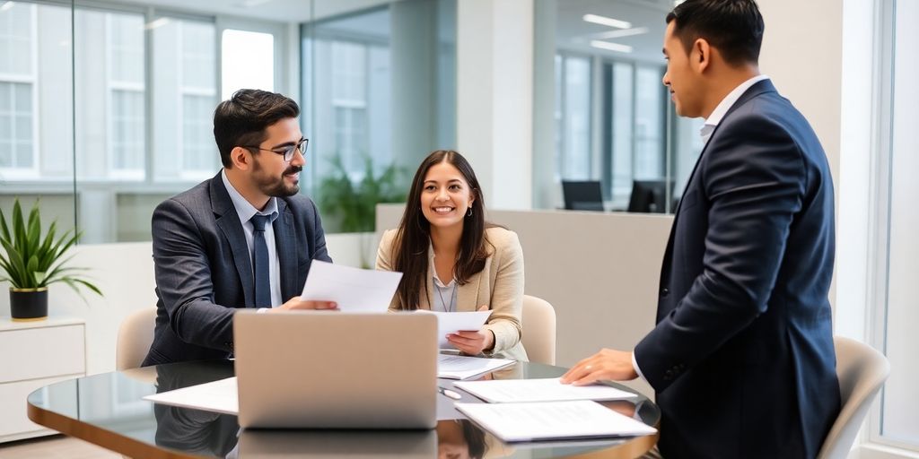 Mortgage broker assisting clients in a modern office setting.