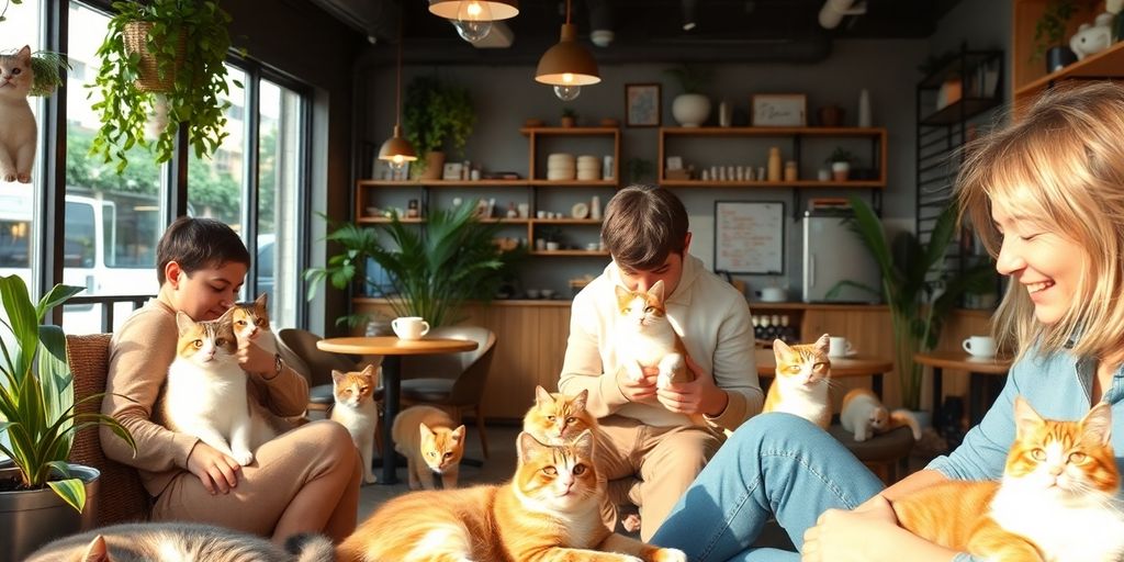 Cozy cat cafe with playful cats and happy customers.