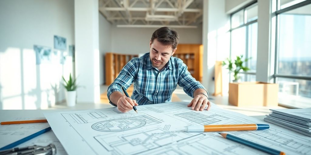 Architect at work with blueprints in a modern office.