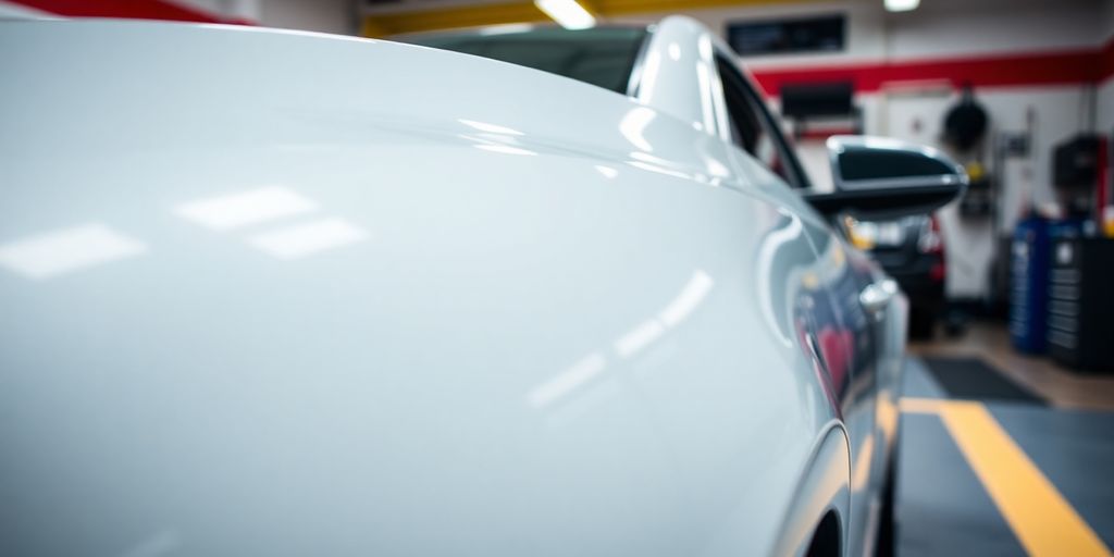 Shiny car in a bright detail shop environment.