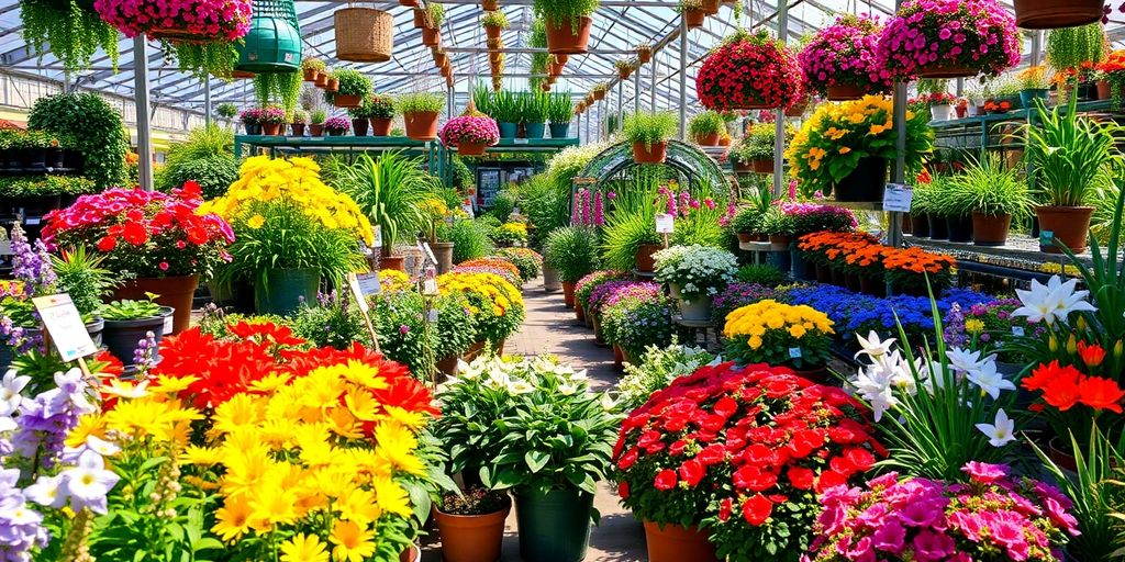 Vibrant garden center with colorful flowers and plants.