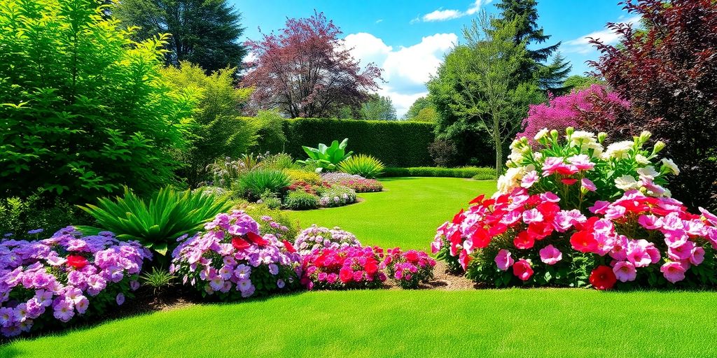 Lush landscape with vibrant greenery and blooming flowers.