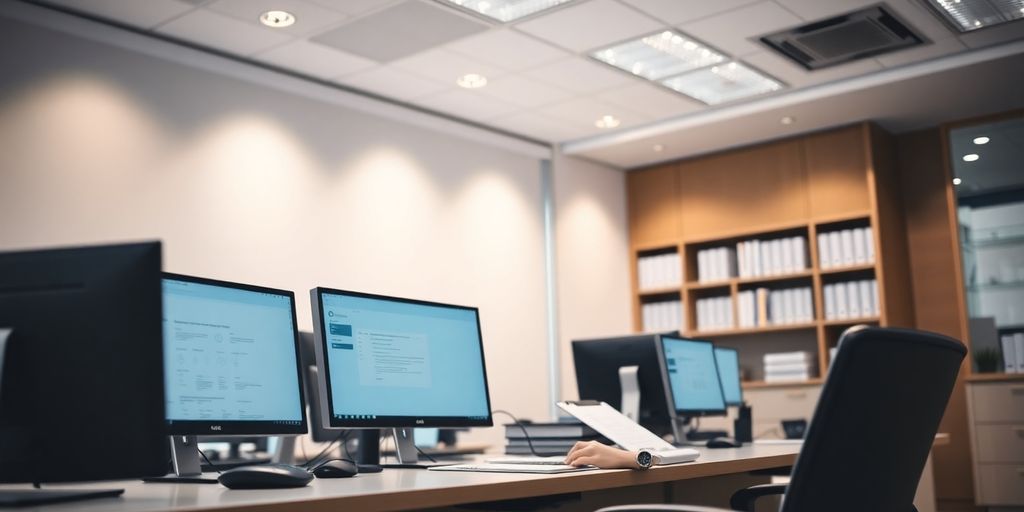 Modern bank office with computers and financial tools.