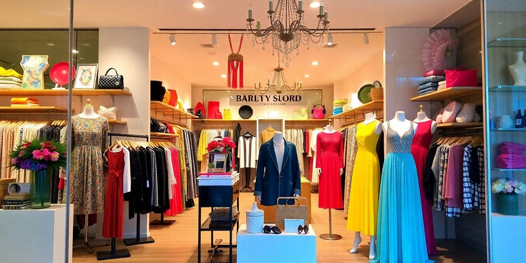 Colorful boutique display with clothing and accessories.