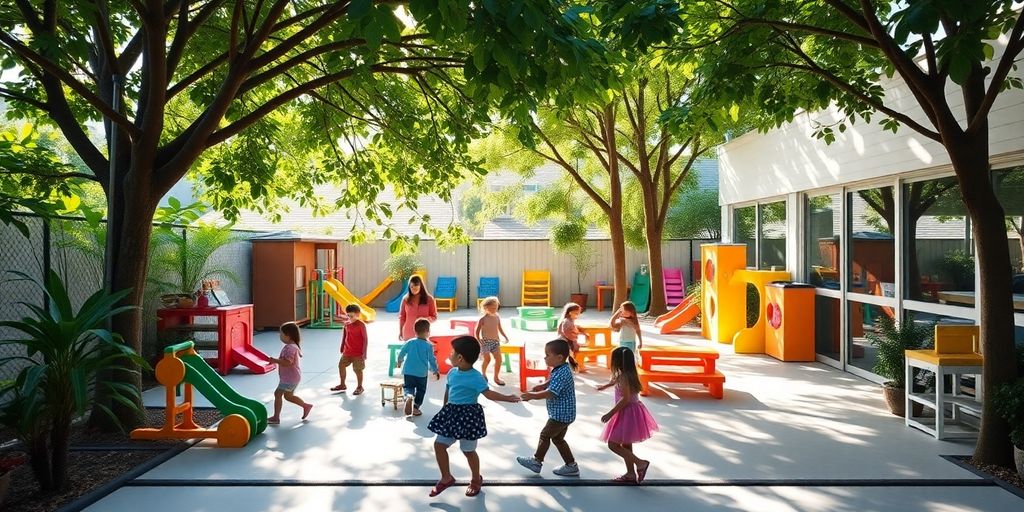 Children playing at a colorful daycare center outdoors.