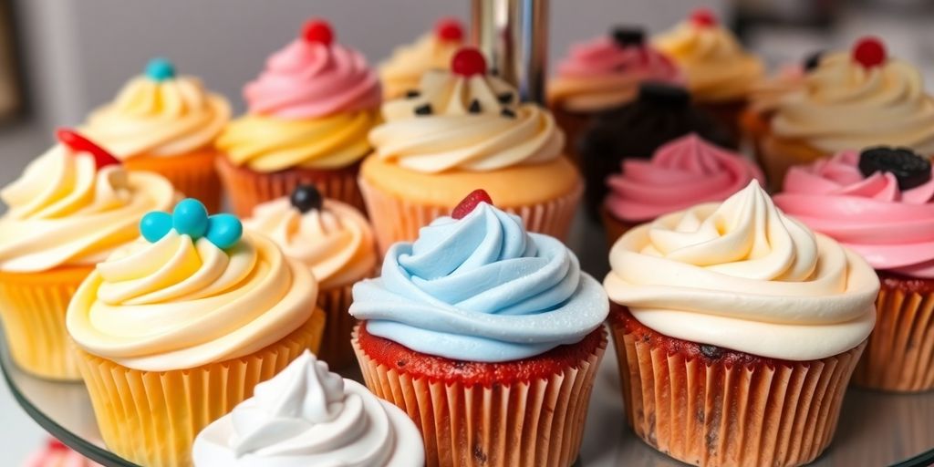 Colorful cupcakes on a tiered stand in soft lighting.