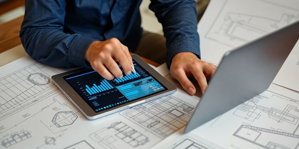 Engineer working on a laptop with blueprints.