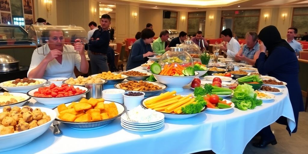 Buffet restaurant with diverse food offerings and happy diners.