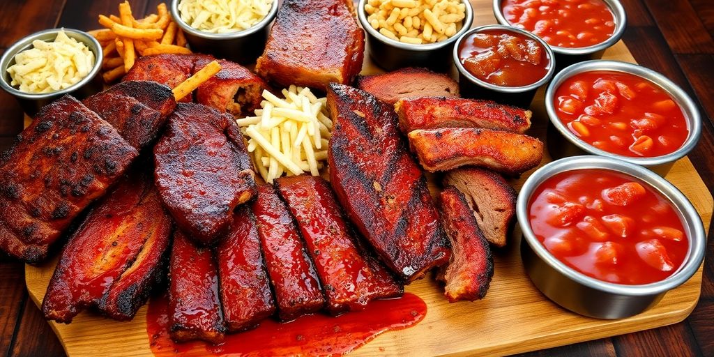 Delicious BBQ dishes on a rustic wooden table.