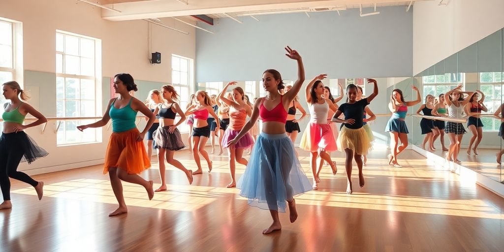 Dancers in a bright studio with mirrors and sunlight.