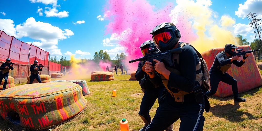 Paintball players in action at a colorful arena.