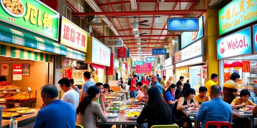 Diverse food stalls and diners in a food court.