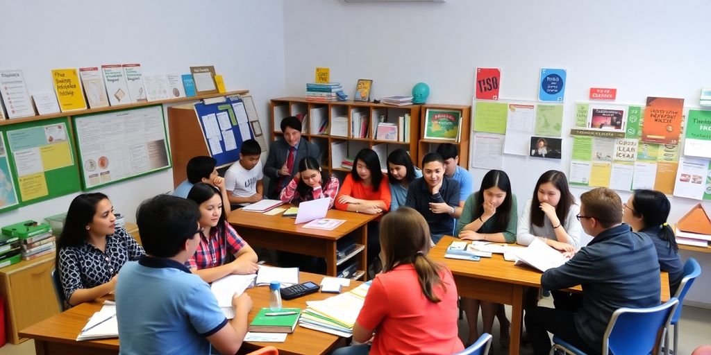 Classroom with diverse students learning languages together.