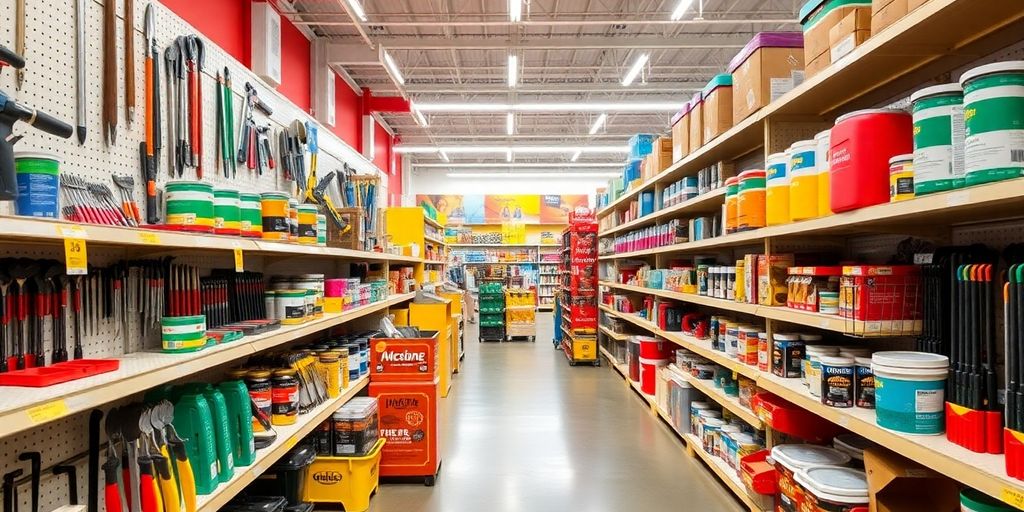 Colorful home improvement store interior filled with tools and materials.