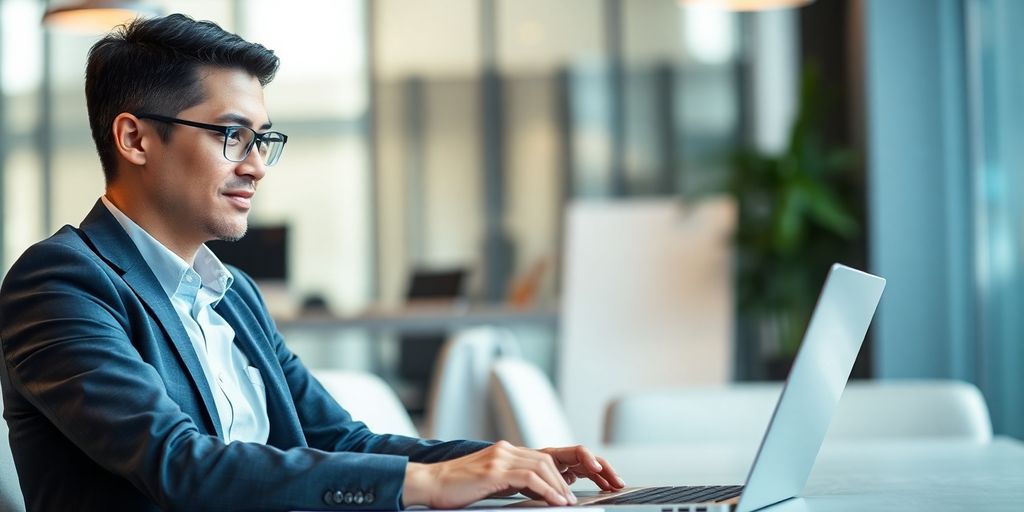 Consultant working on laptop in a modern office.