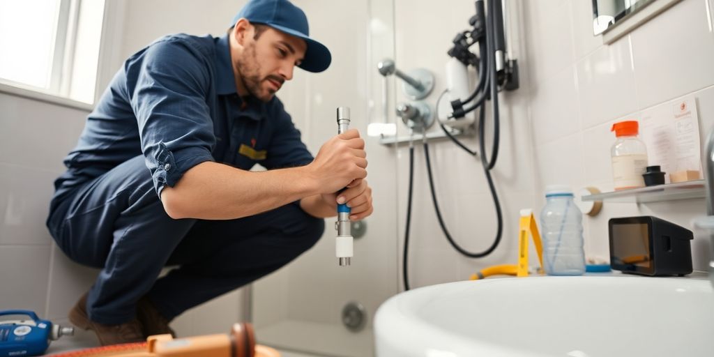 Plumber repairing a pipe in a bathroom setting.