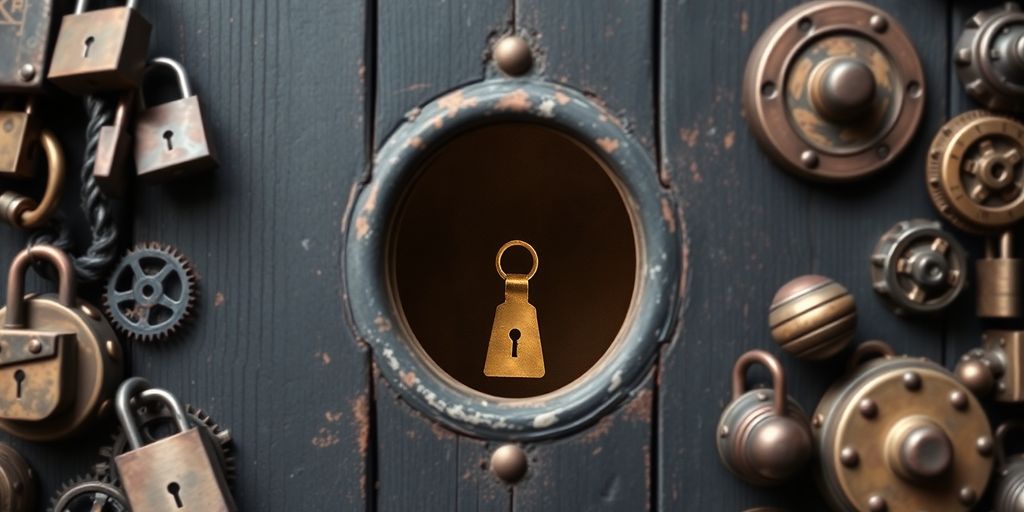 Close-up of an escape room door with a keyhole.