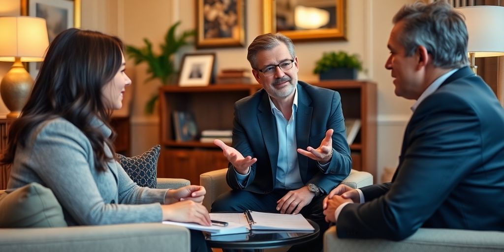 Financial planner consulting with clients in a cozy office.