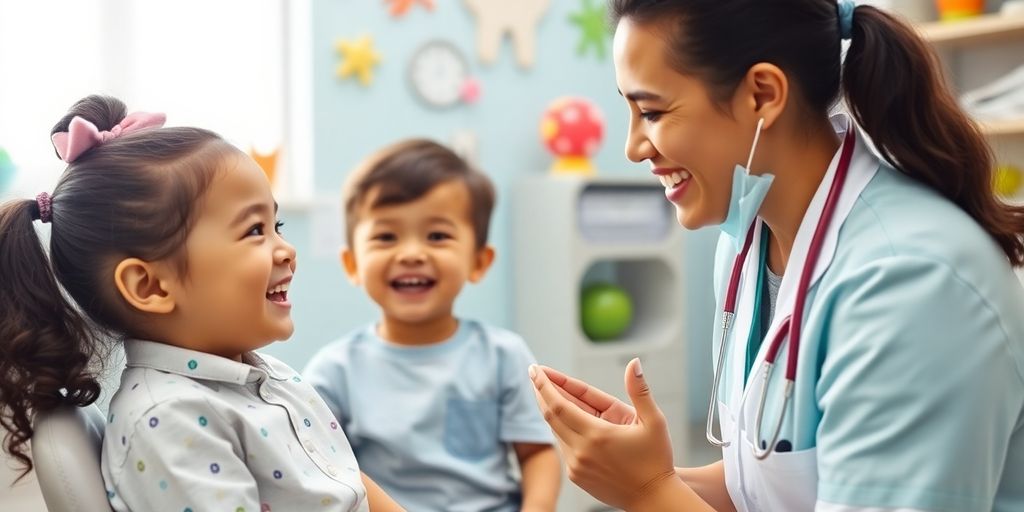 Pediatric dentist with a smiling child in a colorful office.