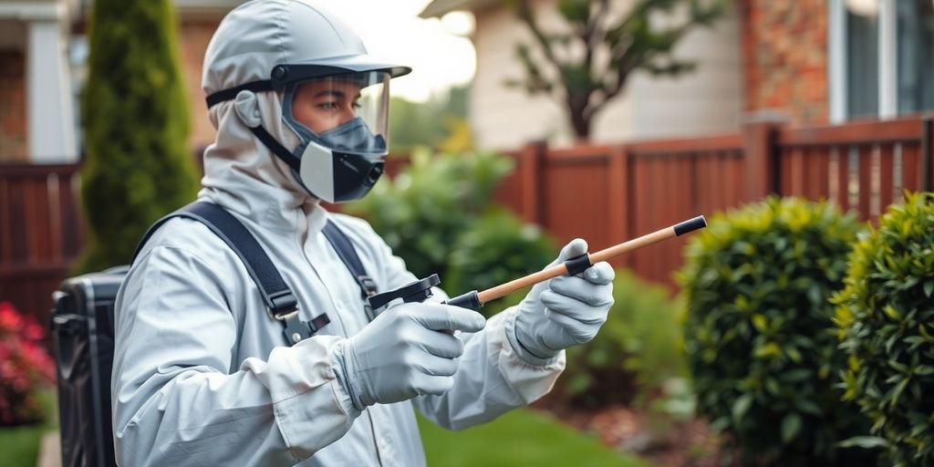 Pest control technician spraying treatment in a home.