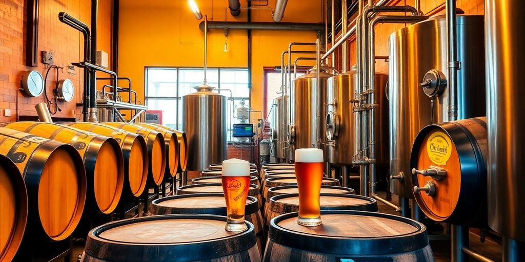 Brewery interior with barrels and freshly poured beers.