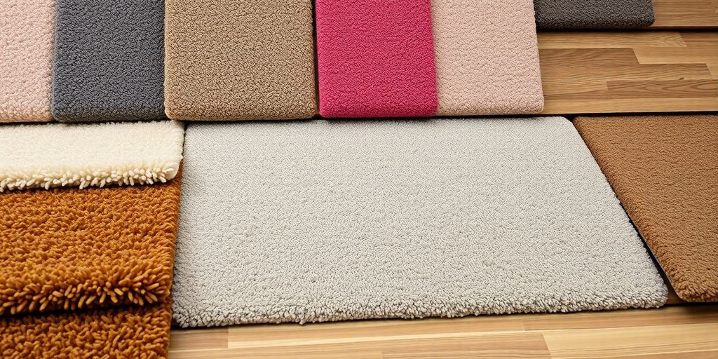 Colorful carpet and flooring samples arranged for selection.