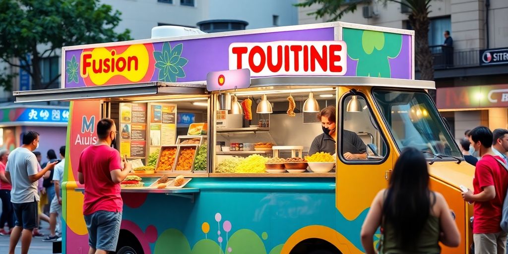 Colorful fusion cuisine food truck in an urban setting.