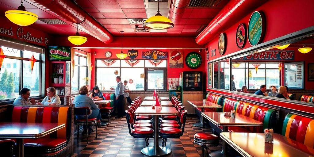 Cozy diner interior with colorful booths and warm lighting.