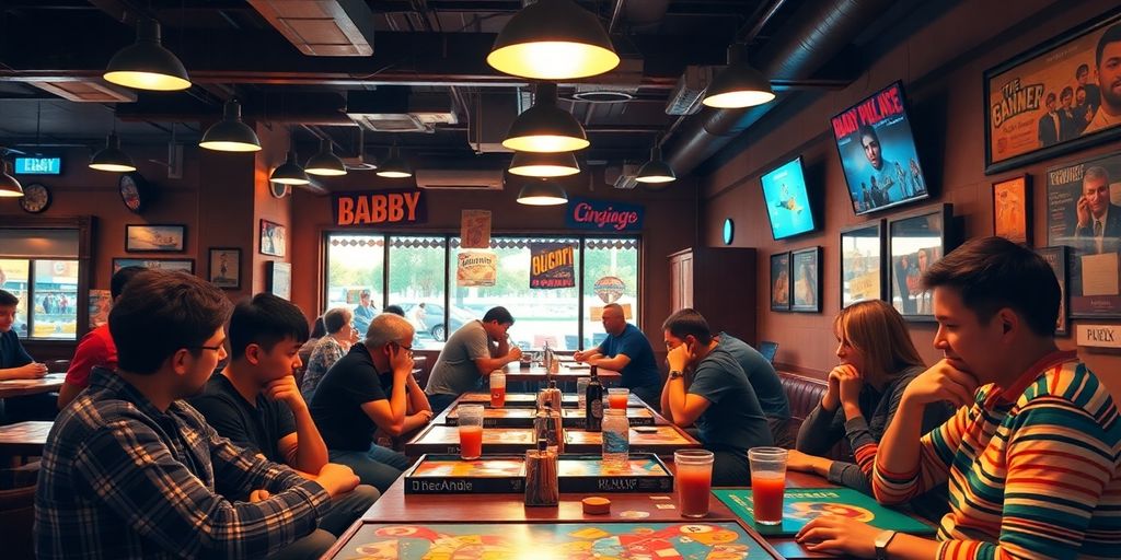 Patrons enjoying board games in a cozy cafe.