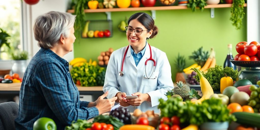 Nutritionist consulting with client over healthy food options.