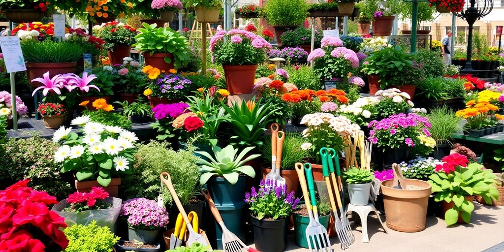 Colorful garden plants and tools in a sunny nursery.