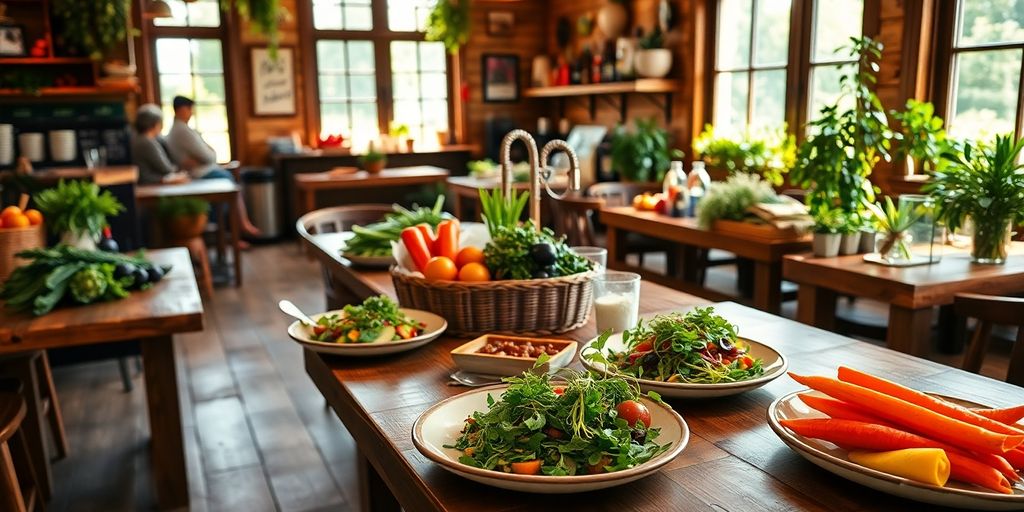 Colorful farm-to-table dining setup with fresh produce.