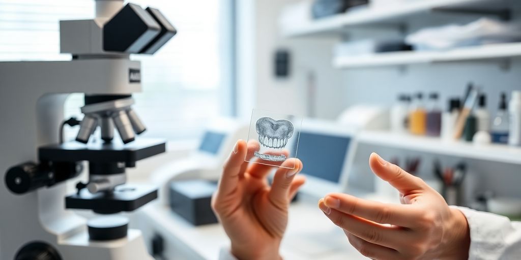 Oral pathologist examining dental samples in a lab.