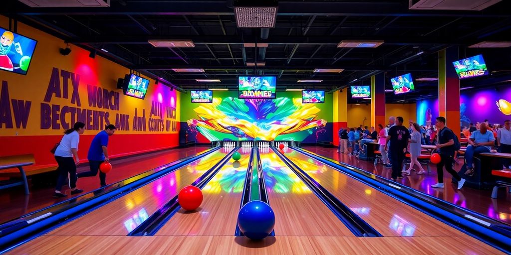 Colorful bowling alley with lanes and bowlers in action.