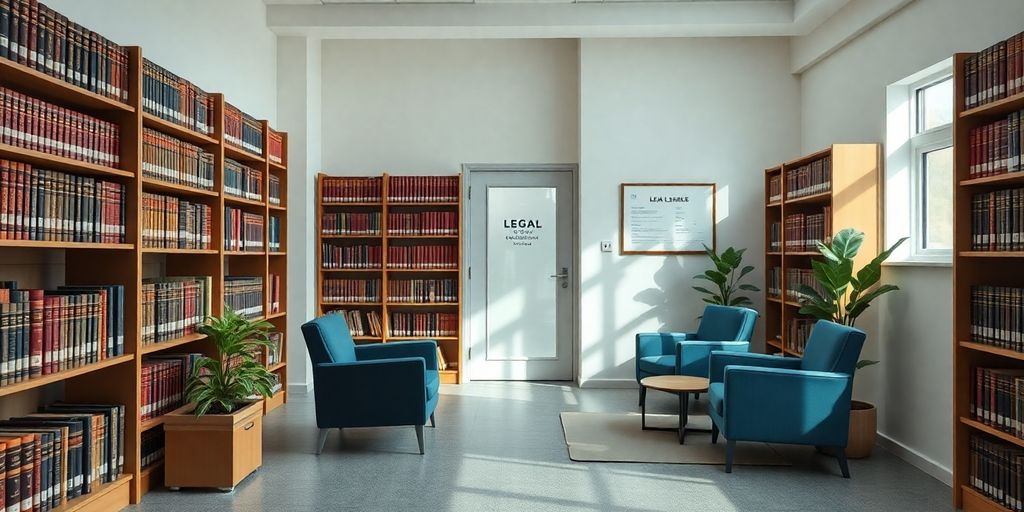 Legal aid clinic office with welcoming atmosphere and bookshelves.