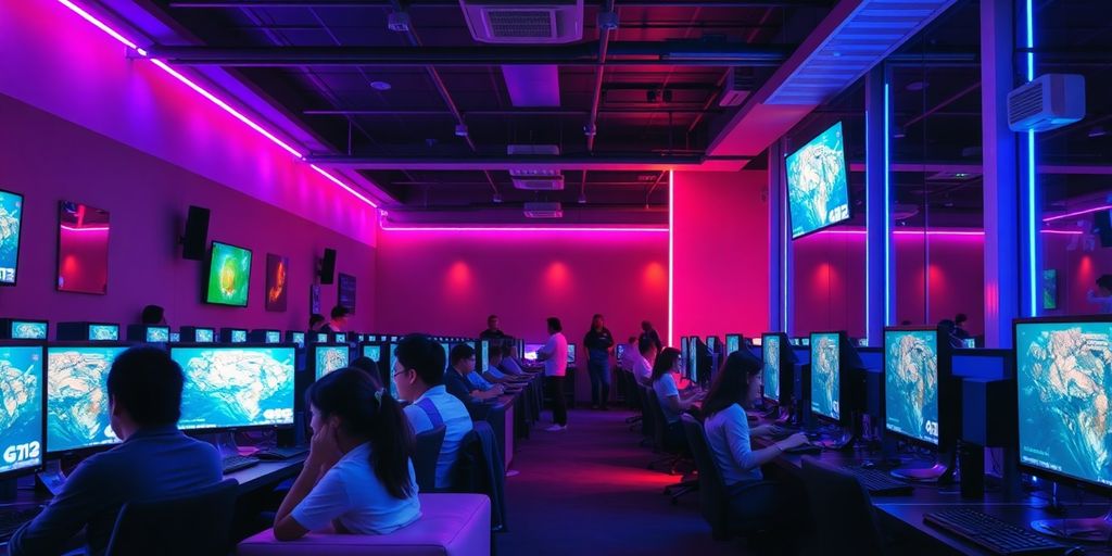 Busy internet cafe with people using computers.