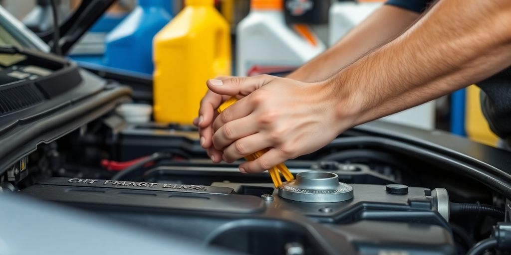 Mechanic changing oil in a car in garage.