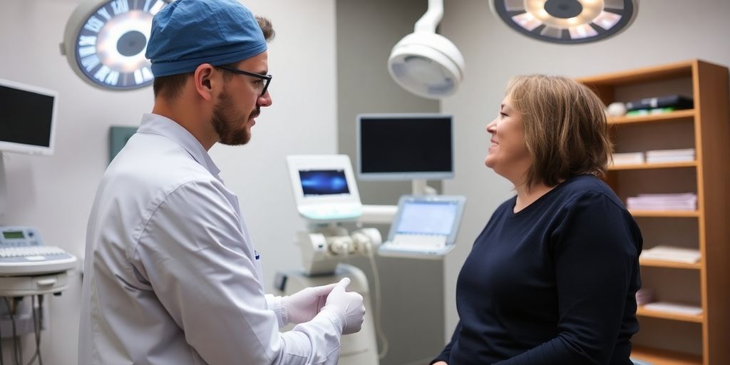 Craniofacial surgeon with patient in a medical setting.