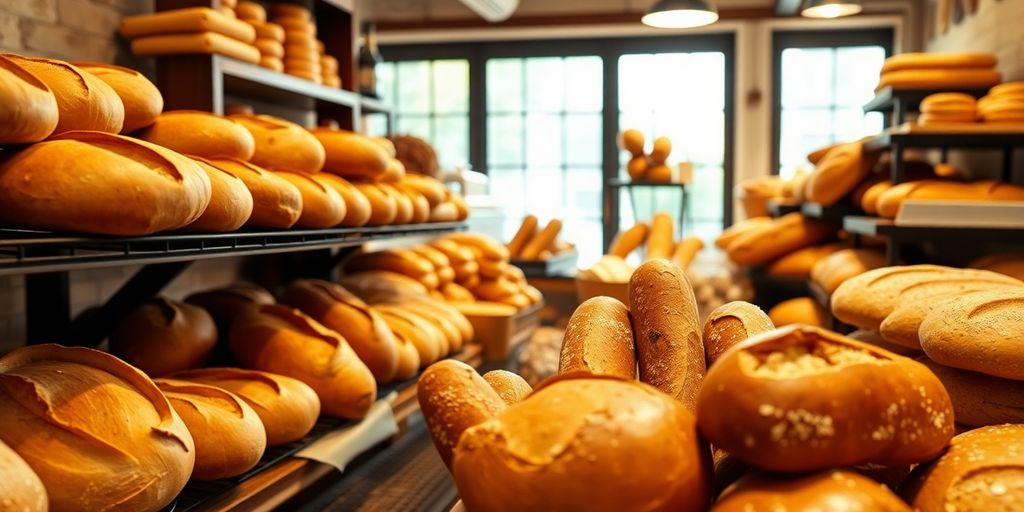 Freshly baked breads in a cozy bakery setting.