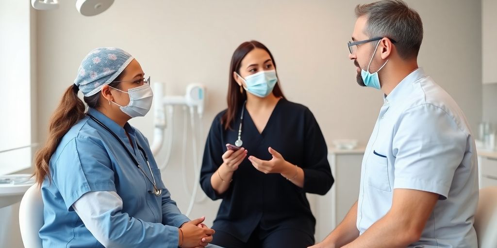 Aesthetic surgeon consulting with a patient in clinic.