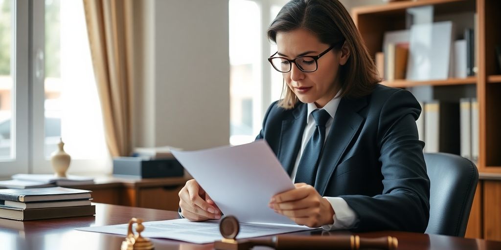 Notary public reviewing documents at a desk.