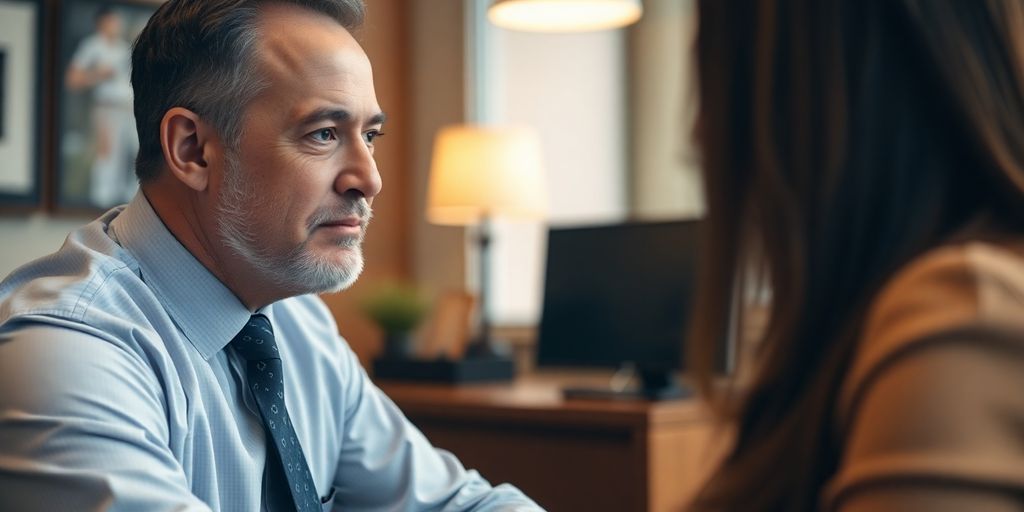 Bail bondsman consulting with client in office.