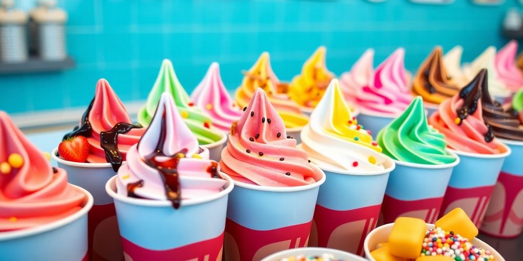 Colorful frozen yogurt cups with fresh toppings.