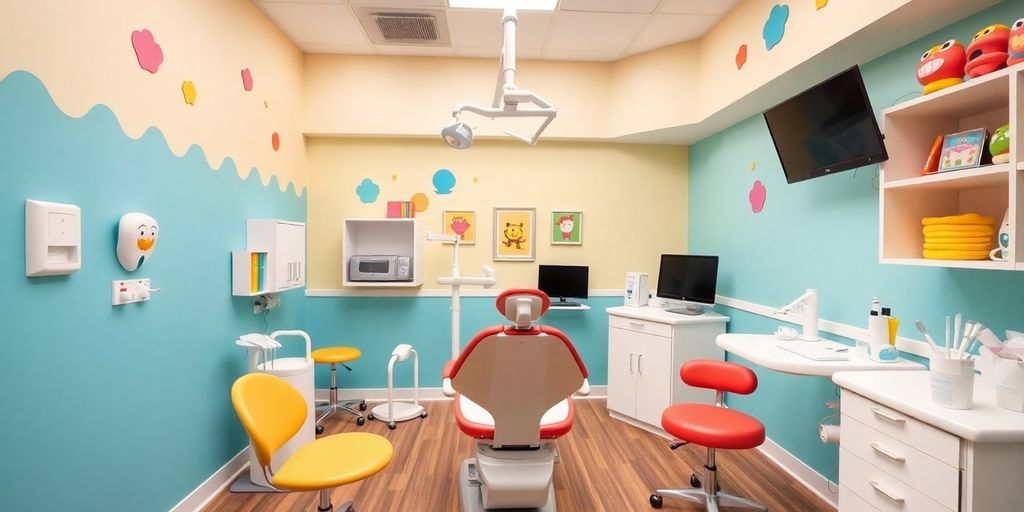 Bright pediatric dental office with colorful decor for children.