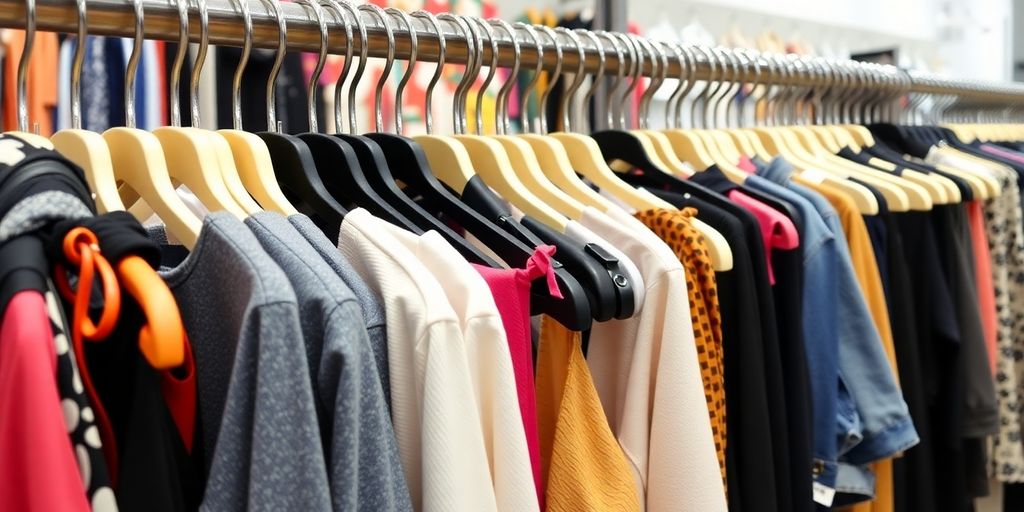 Colorful clothing rack in a stylish retail store.