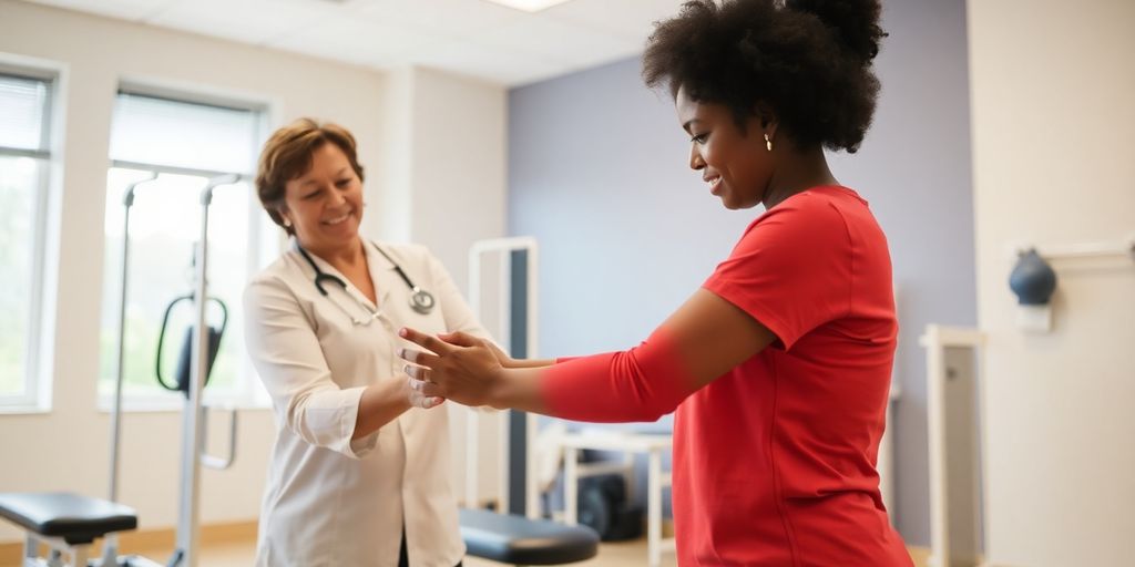 Physical therapist helping a patient in a clinic.